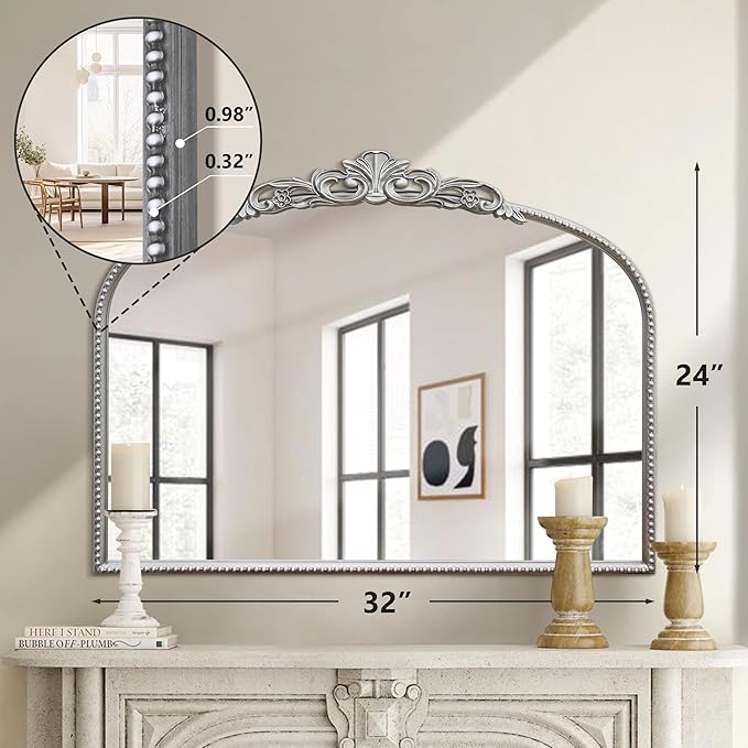 Micasso Silver Vintage Wall Mirror: 24"x 32" French Baroque Antique Arched Wall Mounted Mirror - Traditional Ornate Decorative Entryway Mirror for Home Decor/Entryway/Fireplace/Living Room/Hallway