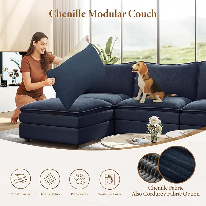 Vesgantti 108" U Shaped Sectional Couch, Comfy Cloud Modular Sectional Sofa with 2 Ottoman Deep Seat Chenille Modern Cloud Sofa, Modular Sofas for Living Room, Bedroom and Apartment, Blue