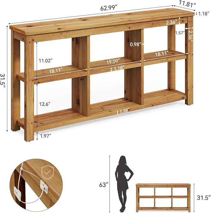 Solid Wood Horizontal Bookcase with Adjustable Shelves, 6 Cubes Storage Organizer Long Bookshelf, Farmhouse Low Cubby Bookcase for Living Room, Home Office, 63 Inches