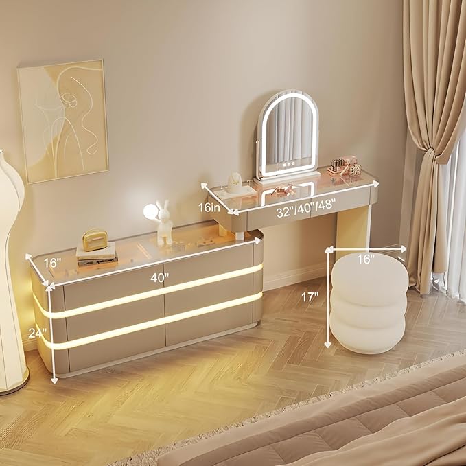 Vanity Set - Solid Wood Vanities Desk with LED Smart Mirror and Drawers, Modern Vanity Table with Glass Countertop and Makeup Stool, Vanities for Bedroom, Gifts for Her (Khaki)