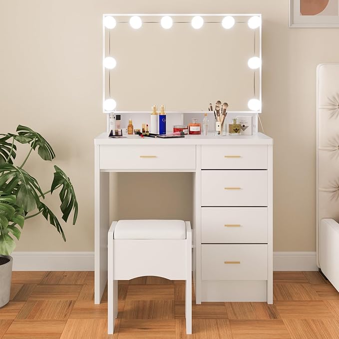 Vanity Desk with Mirror and Lights, Modern Makeup Vanity with Sliding Mirror and 10 LED Light Bulbs, Makeup Vanity Set with 5 Drawers, Hidden and Open Storage Shelves, Vanity Table for Bedroom, White