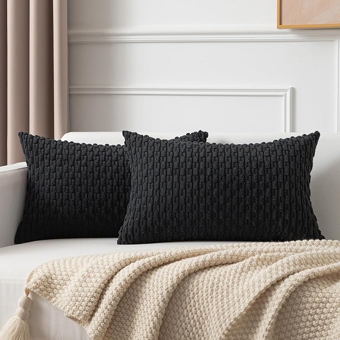 Kevin Textile Rectangle Throw Pillow Covers Ultra Soft Striped Corduroy Solid Cushion Covers Oblong Throw Pillowcases for Lumbar 12 x 20 inch Black