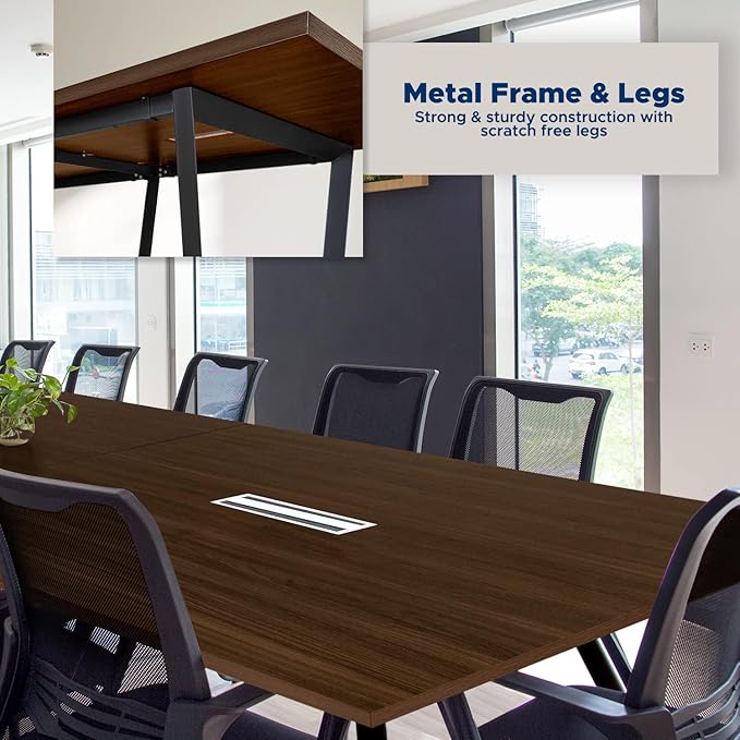 Sturdy Conference Table with Cable Management Grommets Modern Rectangle Office Meeting Table with Wood Tabletop and Metal Frame & Legs- Easy Assembly Boardroom Table (Dark Brown, 12 Foot)
