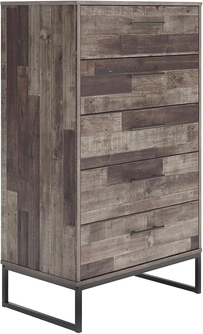 Signature Design by Ashley Neilsville Industrial 5 Drawer Chest of Drawers with Smooth-Gliding Drawers and Safety Stop, Gray