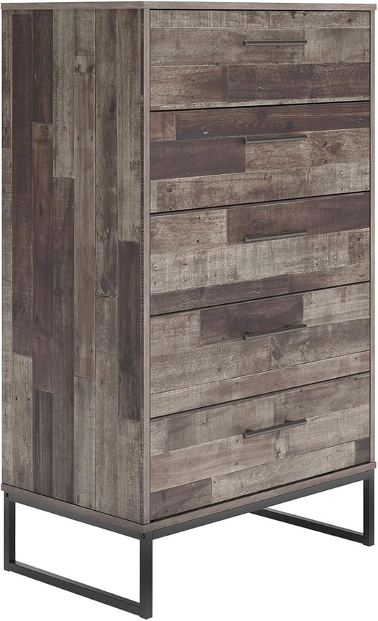 Signature Design by Ashley Neilsville Industrial 5 Drawer Chest of Drawers with Smooth-Gliding Drawers and Safety Stop, Gray