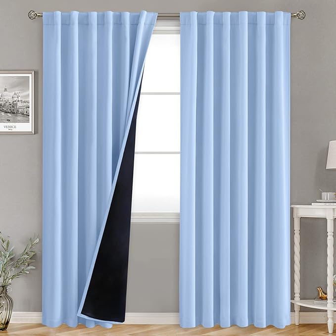 BGment Full Blackout Curtains with Thermal Insulation Liner Curtains 84 Inches Long, Rod Pocket and Back Tab Double Layer Room Darkening Window Curtain for Bedroom(52 x 84 Inch, 2 Panels, Light Blue)