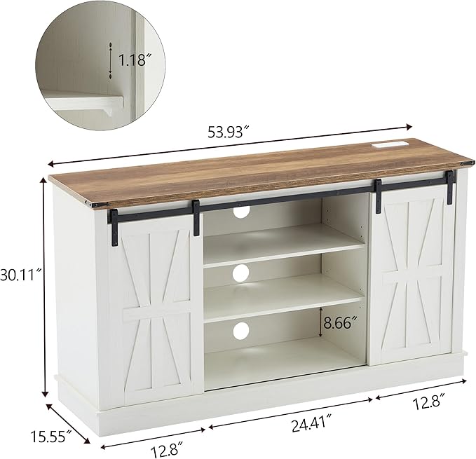 Farmhouse TV Stand for 65 inch TV, Rustic Wood Entertainment Center with Power Outlets & Sliding Barn Doors Media Consoles Cabinet 3 Adjustable Shelves for Living Room, Rustic White