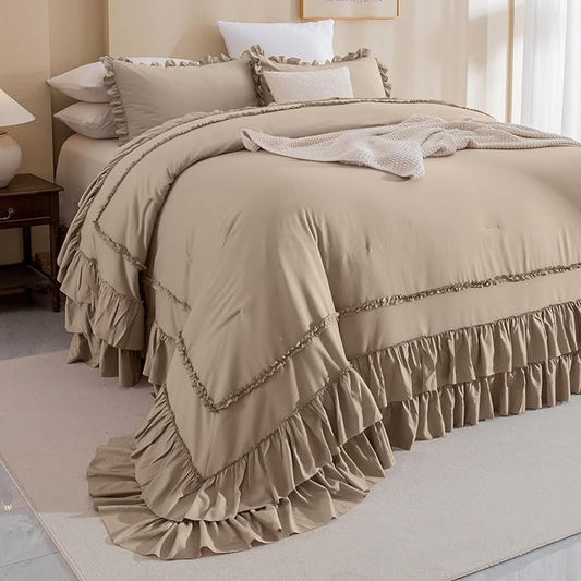 QSH 3PCs Taupe Oversized California King Ruffled Bed Comforter Set 128x120, Farmhouse Vintage Chic Comforter French Country Shabby Comforter Soft Microfiber Fluffy Bedding Set