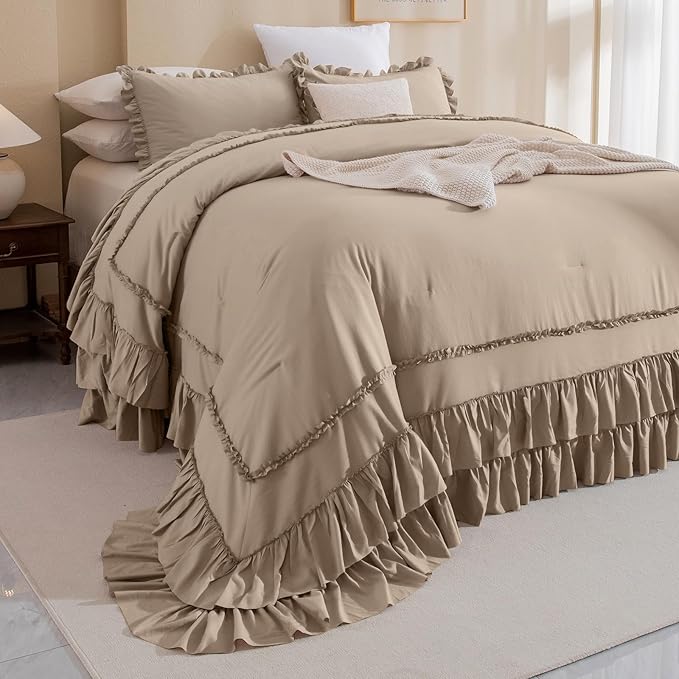 QSH 3PCs Light Taupe Oversized King Comforter Set 120x120,Shabby Vintage Chic Ruffled Bedding Comforter Extra Large Farmhouse French Country Rustic Comforter Microfiber Soft Lightweight Bedding