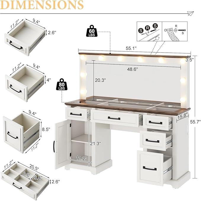 55" Farmhouse Vanity Desk with Large Mirror & Lights, Glass Top Large Makeup Vanity Table with 10 Hollywood Lights Bulbs, Charging Station, 5 Drawers, Dressing Table for Bedroom, Rustic White