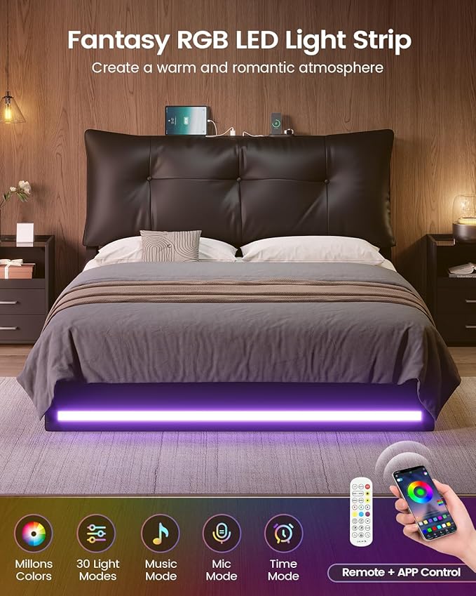 AOGLLATI Full Size Bed Frame with Removable Upholstered Thick Backrest Headboard, Led Bed Frame Full Size with 4 Storage Drawers and Charging Station, No Spring Box Needed, Black