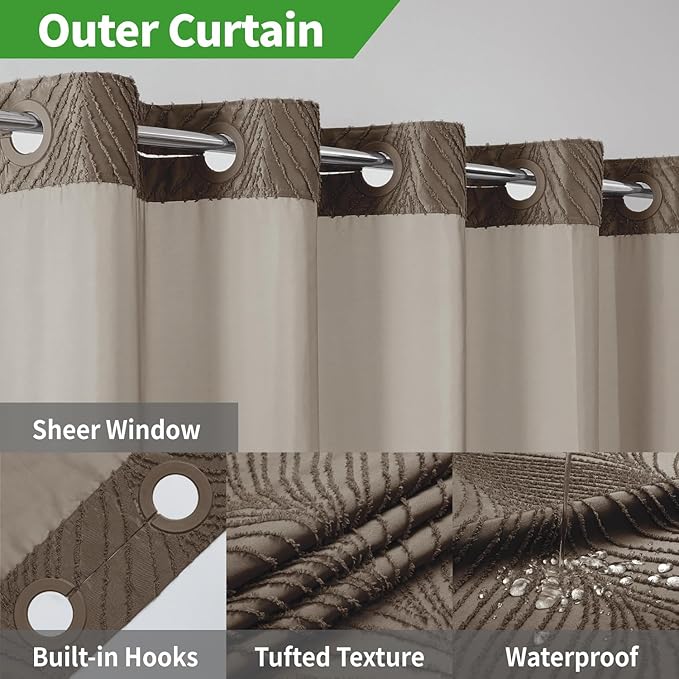 no Hook Shower Curtain and Liner Set，Boho Style with See Through Top Window, Brown Fabric Tufted Striped Textured Outer Curtain & Waterproof Inner Liner, Brown, 71Wx80H