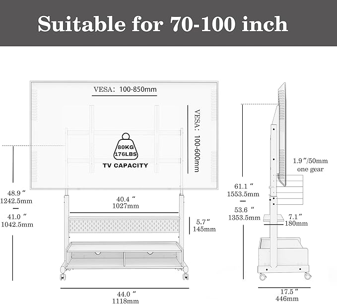 FITUEYES Rolling TV Stand Mount for 70 to 100 Large TV Screens，Mobile TV Floor Stand on Wheels with Ample Storage Pegboard & Wooden Shelf, Rolling TV Cart Hold up to 176 lbs, Max VESA 850 x 600