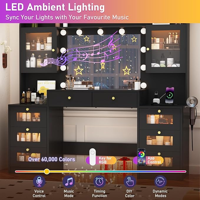 62" Large Makeup Vanity Desk with Mirror and Lights, Glass Top Vanity Table with Power Outlet & Lighted Glass Cabinet , 8 Drawers, Dressing Table with 3 Colors Lights for Bedroom Dressing Room, Black
