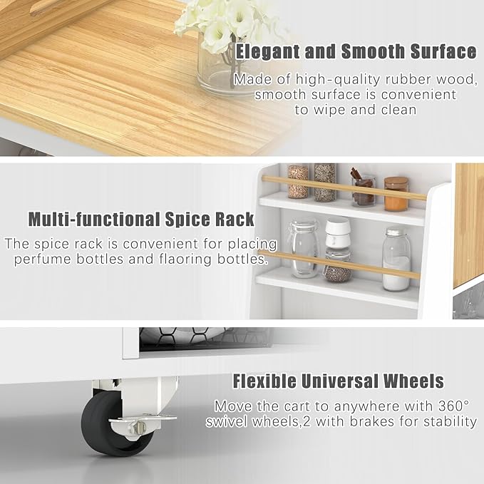 NSdirect Kitchen Island with Storage,Rolling Kitchen Island on Wheels Portable cart Rolling with Spice Racks Towel Holder Utility Trolley with Wood Tray for Home Hotel Kitchen Dinning Room,White