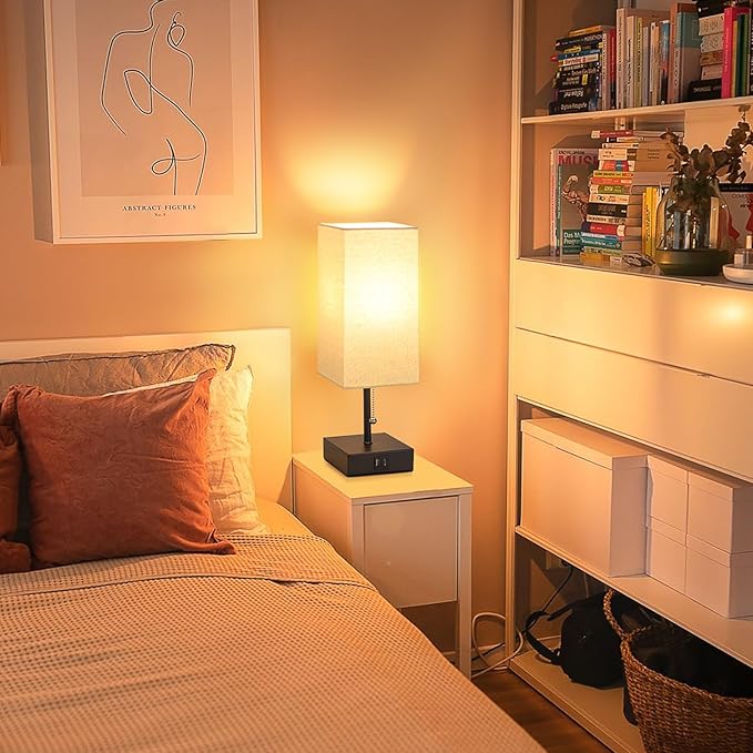 GGOYING Set of 2 Bedside Table Lamp, Pull Chain Table Lamp with USB C+A Charging Ports, 2700K LED Bulb, Fabric Linen Lampshade, Nightstand Lamp for End Table Livingroom Bedroom Office Guestroom