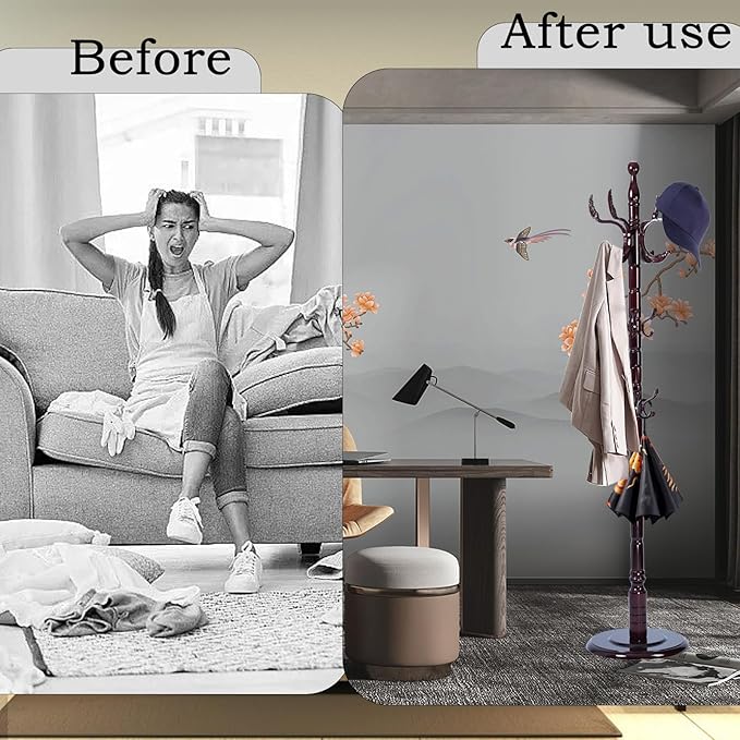 Coat Rack Freestanding, Wooden Tree Coat Rack Stand with 3 Adjustable Sizes Coat Tree and 14 Hooks, Sturdy Hall Tree with Solid Round Base for Entryway, Hallway,Bedroom (Solid Wood Fenghuang Gou)