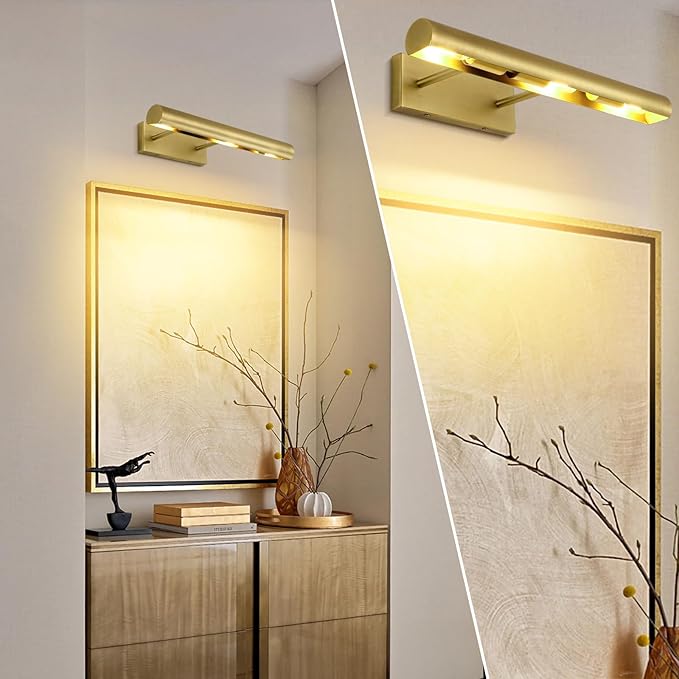 Picture Light, 18inch Brass Picture Lights for Wall,Hardwired Brushed Gold Picture Lights,270° Rotatable Wall Lights for Pictures, 3-Light Picture Frame Light for Painting Display Artwork Portrait