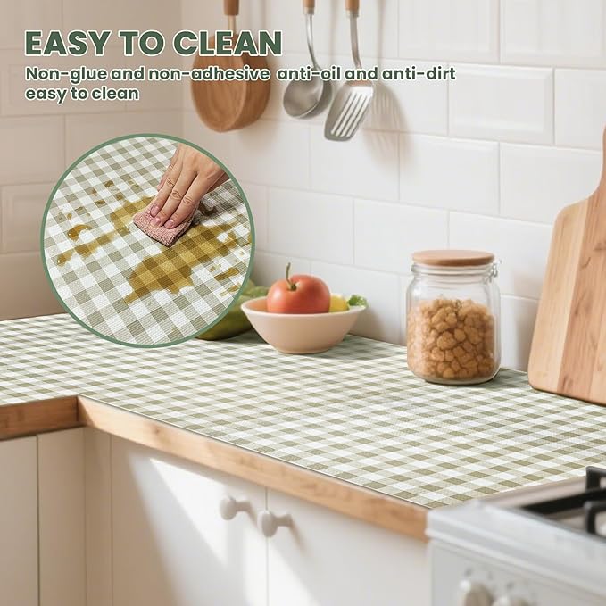 Drawer Liner and Shelf Liner for Kitchen Cabinet Liner Non-Adhesive Non-Slip Shelf Paper, Thick Strong Grip Waterproof Easy to Clean for Shelves, Cupboard, Desks, Green Plaid Pattern, 17.5 in x 10 FT