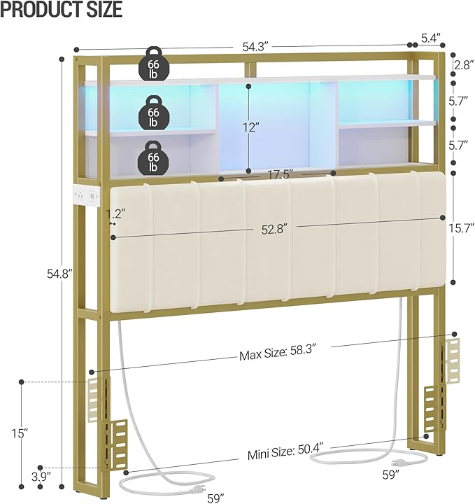 Headboard with 3-Tier Storage Shelves, Velvet Upholstered Head Board with 2 Outlets, USB Ports & LED Light, Soft Backrest for Full Size Bed, White and Gold BH13803A