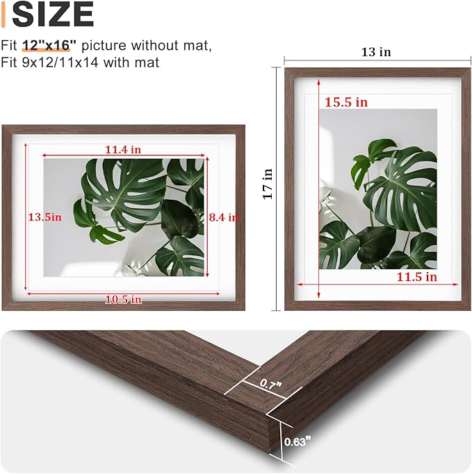 Egofine 12x16 Picture Frame Made of Solid Wood with Plexiglass, Display Pictures 9x12/11x14 with Mat or 12x16 Without Mat for Wall Mounting, Rustic Brown