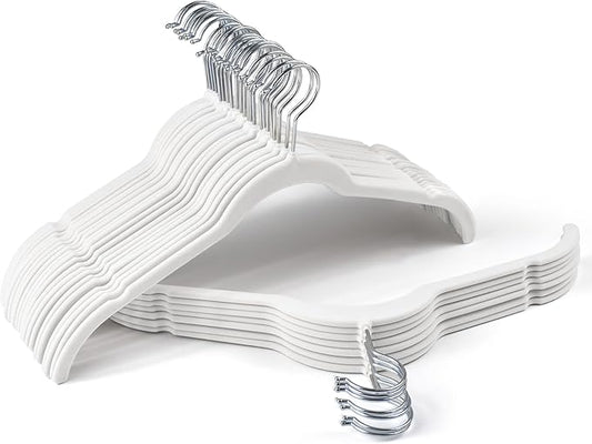 Premium Velvet Shirt Hangers 30 Pack, Non-Slip 360° Swivel Hook Slim Felt Hanger, Space Saving Flocked Hangers for Tank Tops, Blouses, Strappy Dresses(White)