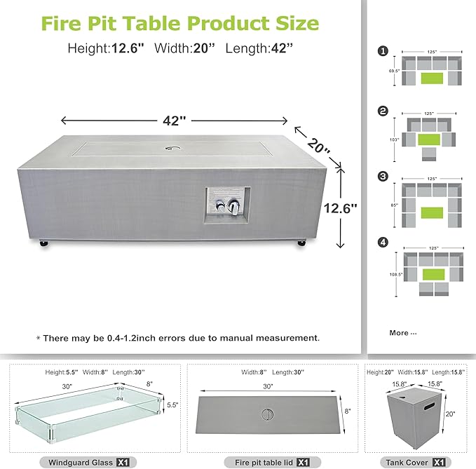 2-Piece 42" LED Rectangular Propane Fire Pit for Outside Patio with Hidden Tank Table, 50,000 BTU Fireplaces with Glass Wind Guard, Lid, Glass Rocks, Cover(Light Grey w/RGB Light)