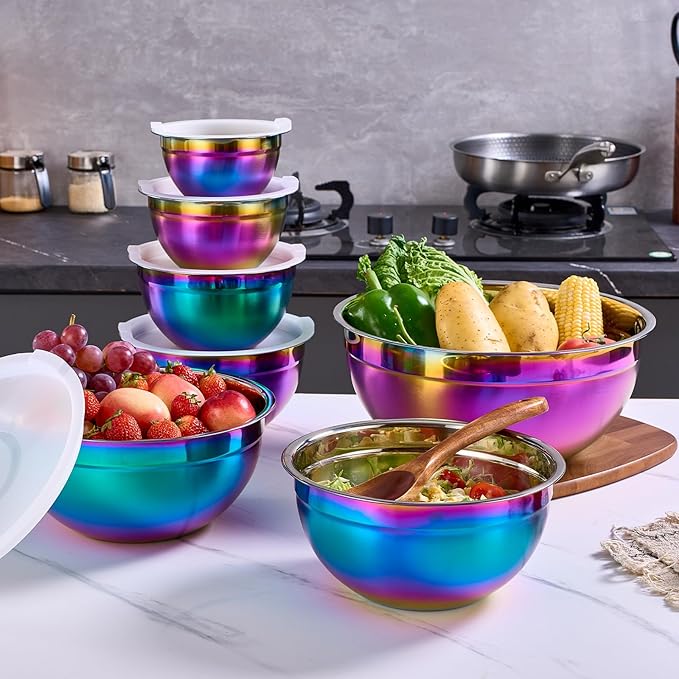 Colorful Mixing Bowls with Airtight Lids, Stainless Steel Nesting Mixing Bowls Set of 7, Ideal for Baking, Prepping and Serving Food, Size 7, 3.6, 2.7, 2.1, 1.5, 1.1,0.8 QT, Stackable Design