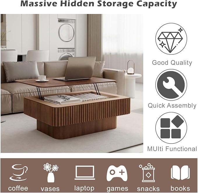 Lift Coffee Table with Storage & Adjustable Height, Solid Wood Coffee Table Fluted Center Table Accent Tea Table or Living Room, Apartment, Office (38.6" Walnut)