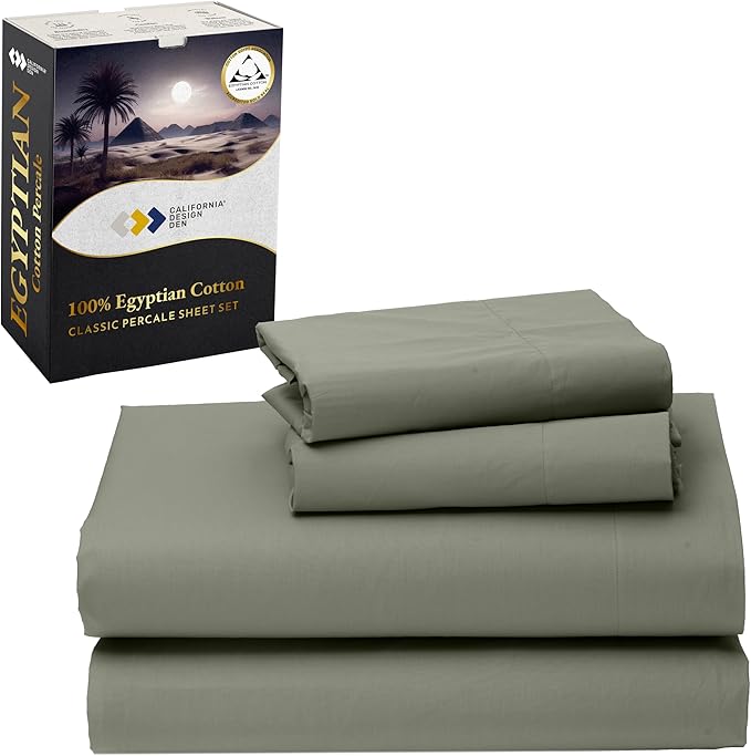 California Design Den Deep Pocket Queen Sheet Set - Certified 100% Egyptian Cotton, Crisp Percale Bed Sheets Queen Size Egyptian Cotton Set, Cool & Durable Luxury Bedding (Sage Mist- Gray Tone)