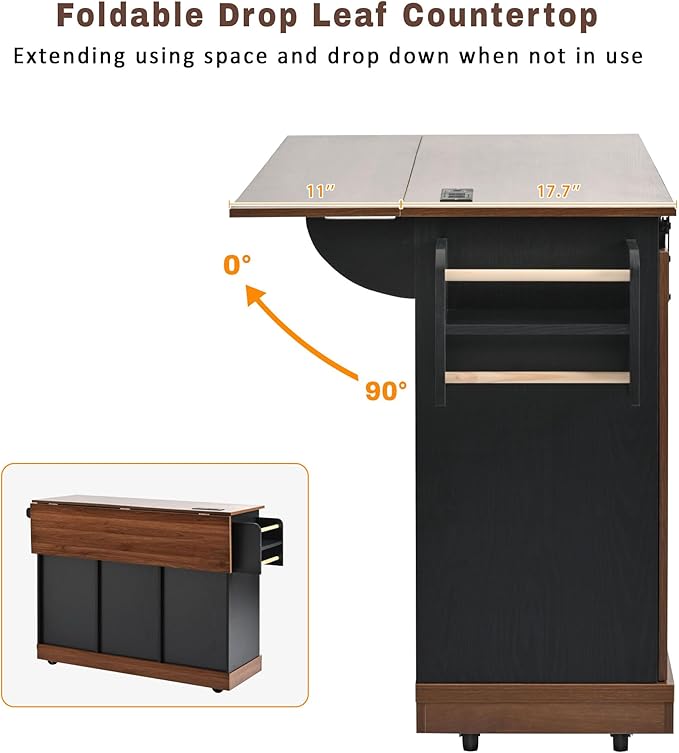 55.5" Farmhouse Kitchen Island Storage Cart with Drop Leaf, Sliding Barn Door, Power Outlet, Spice Rack & 3 Drawers, Rolling Kitchen Cart on Wheels for Kitchen, Dining Room, Black