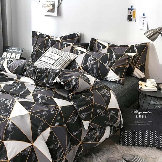 CLOTHKNOW Black Grey White Queen Comforter Set 3Pcs Marble Bedding Comforter Sets Soft Triangle Geometric Comforter with 2 x Pillow Cases
