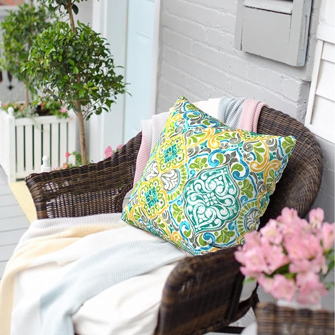 Outdoor Pillow Covers for Patio Furniture 20x20 Inch, Decorative Patio Throw Pillow Covers Set of 2, Modern Square Cushion Cases for Porch Garden Home Office,Damask Green