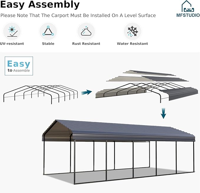 MFSTUDIO Carport 12x25 ft, Outdoor Heavy Duty Metal Shed Carports, Metal Garage Car Shelter Shade Car Port with Galvanized Roof, Frame and Bolts for Cars, Truck and Boats