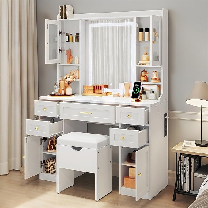 Saiveina 41.4" Makeup Vanity Desk with Mirror and Lights, Dressing Table with 4 Cabinets, 5 Drawers, Power Outlets and Cushioned Storage Stool, 3 Lighting Modes Vanity Table for Bedroom(White)