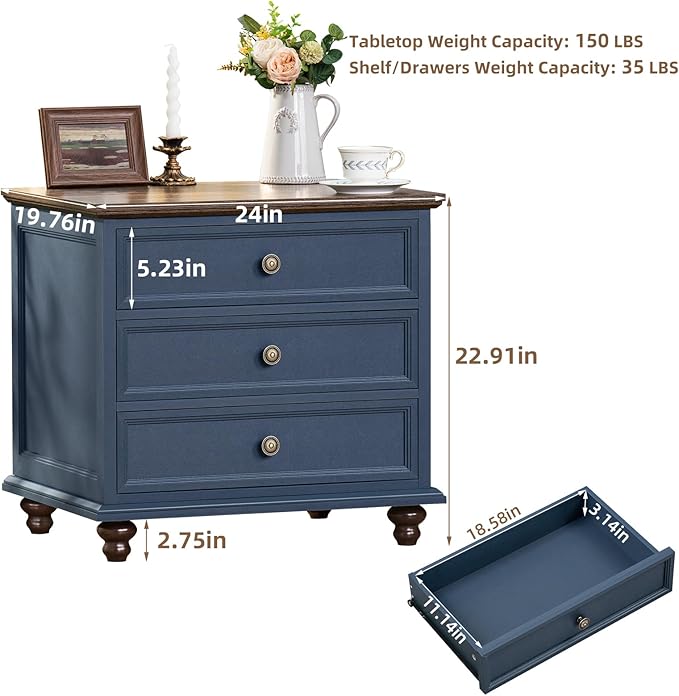 24" Wide Farmhouse Night Stand,Large End Table with 3 Drawers & Metal Handle,Navy Blue Dresser for Bedroom, Wood Bed Side Table Chest of Drawers, Nightstand Cabinet for Living Room,Closet