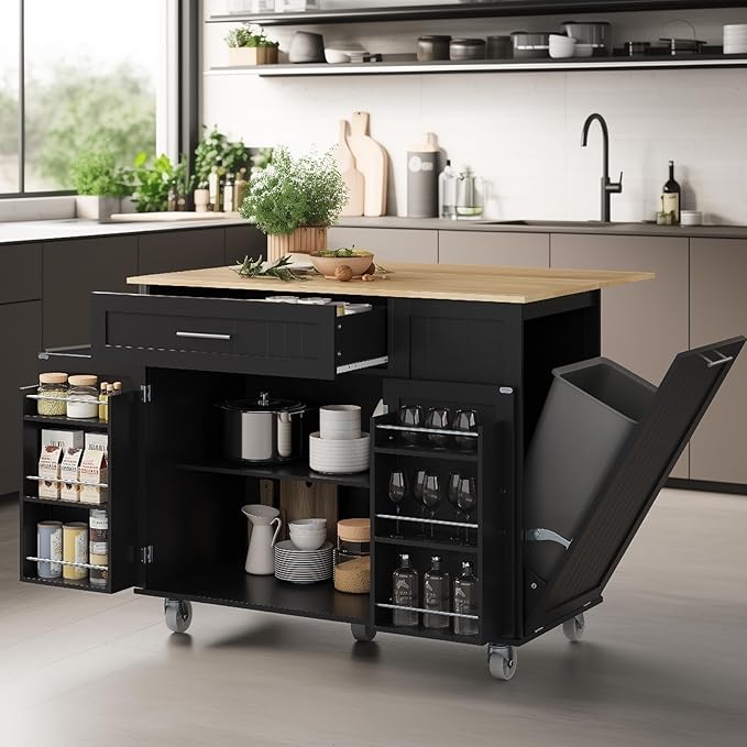 Kitchen Island with Storage & Drop Leaf - 43.3" Mobile Kitchen Cart with Wheels, Rolling Kitchen Island with Trash Bin Cabinet & Towel Rack, Rubberwood Top, Black Island for Kitchen