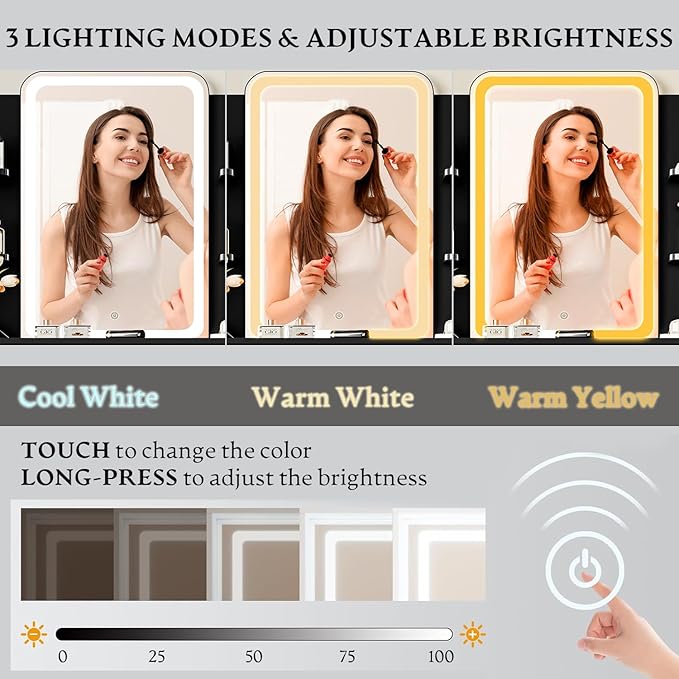 Vanity Desk with LED Lights Mirror & Power Outlet, Small Makeup Vanity Table Set with Storage Drawers & Chair, 3 Lighting Modes & Adjustable Brightness, Dressing Table for Women Girls Bedroom, Black