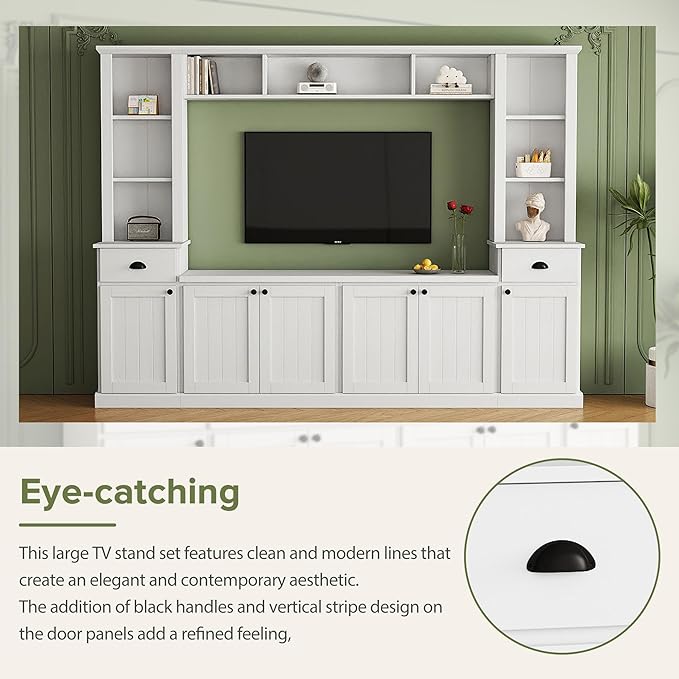 Merax Minimalism Entertainment Wall Unit with Bridge, Modern Media Console Table & Adjustable Storage Shelves for Living Room, Large TV Stand for Televisions Up to 75'', White