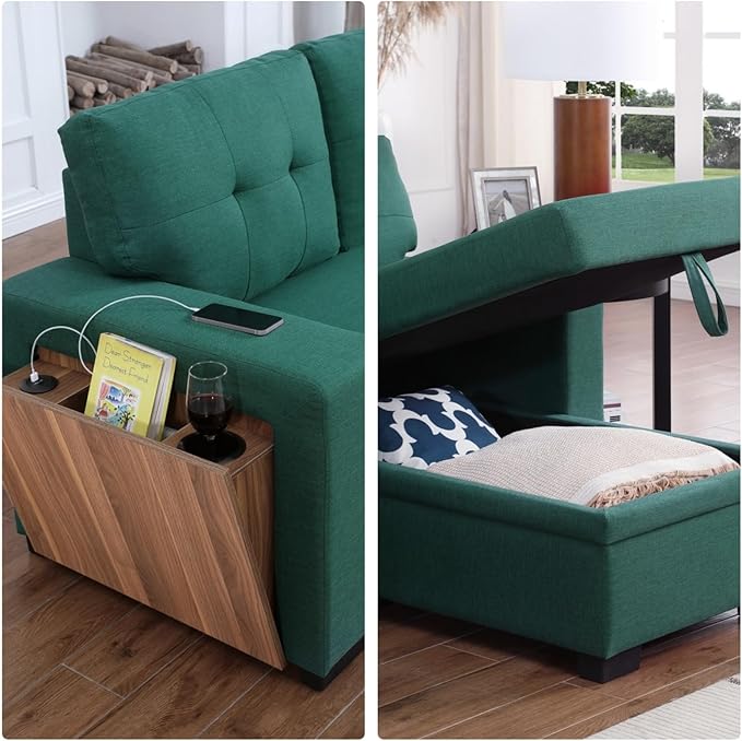 L-Shape Sofa Bed, 92" Sectional Couch with Storage Chaise, Pull Out Sleeper Sofa with Side Compartment, Convertible Corner Couch for Living Room Apartment, Green