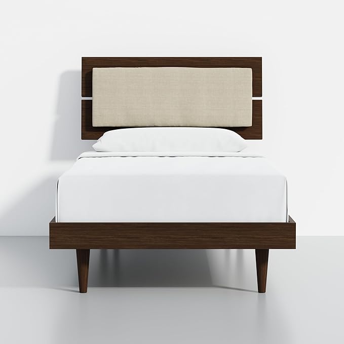 HavenWood Modern Solid Wood Platform Bed with Adjustable Headboard with Cushion – No Box Spring Needed,Fast Assembly – Twin Size in Walnut