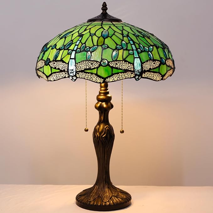 Tiffany Table Lamp Stained Glass Lamp 16X16X24 Inch Antique Reading Light (Green Dragonfly)