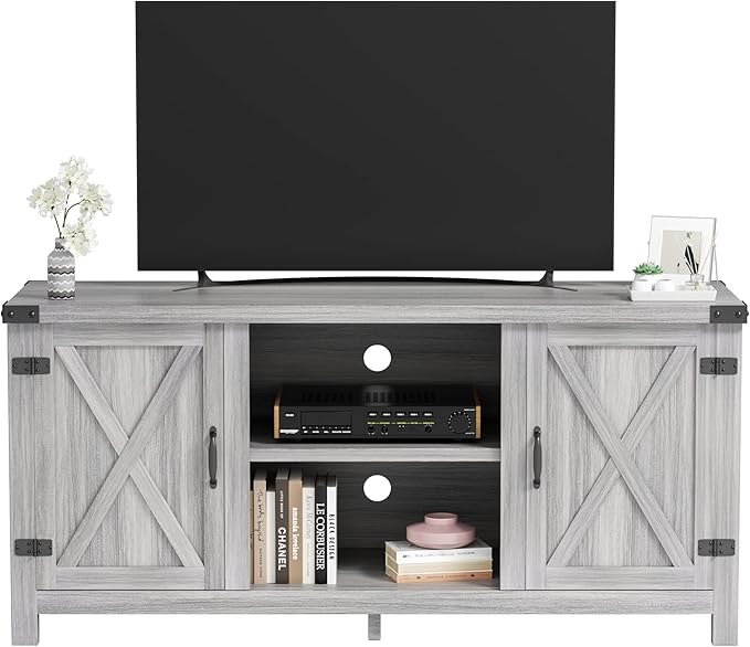 JUMMICO TV Stand, 65 Inch TV Farmhouse Entertainment Center with Double Barn Doors and Storage Cabinets, Console TV Table Media for Living Room, Bedroom (Grey)