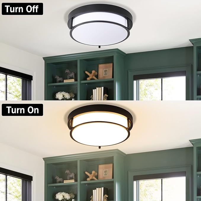 12 inch Black Flush Mount Ceiling Light, 2-Light Hallway Light Fixtures Ceiling, Modern Light Fixtures Ceiling Mount for Kitchen Entryway Bedroom, E26 Socket