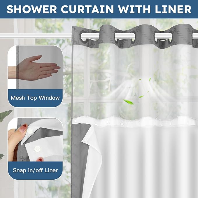 No Hook Shower Curtain and Snap in Liner Set Grey Tufted Chevron Striped Cloth Waterproof Washable Fabric Boho Gray Bath Curtain with See Through Mesh Top Window for Bathroom Hotel 71" x 86"