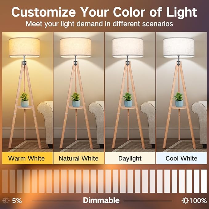 OUTON Dimmable Wood Tripod Floor Lamp with Shelves, Remote Control, Mid Century Modern Standing Lamp 58.5" for Bedroom, Living Room, and Office, Flaxen Lamp Shade Include E26 9W Bulb