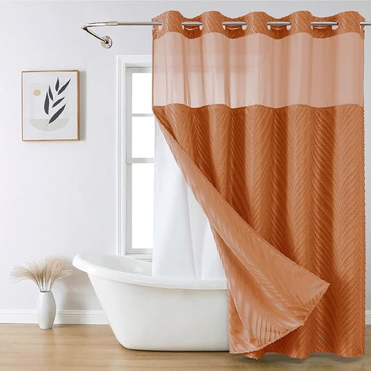 no Hook Shower Curtain and Liner Set，Boho Style with See Through Top Window, BurntOrange Fabric Tufted Striped Textured Outer Curtain & Waterproof Inner Liner, Orange, 71Wx77H