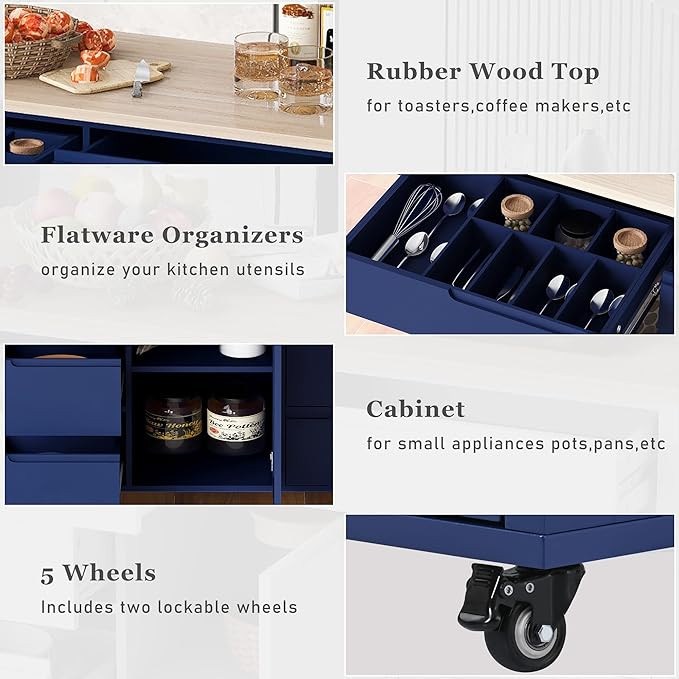 Rolling Mobile Kitchen Island Cart Breakfast Bar with Spice & Towel Rack, 8 Drawers and 5 Wheels for Dining Room