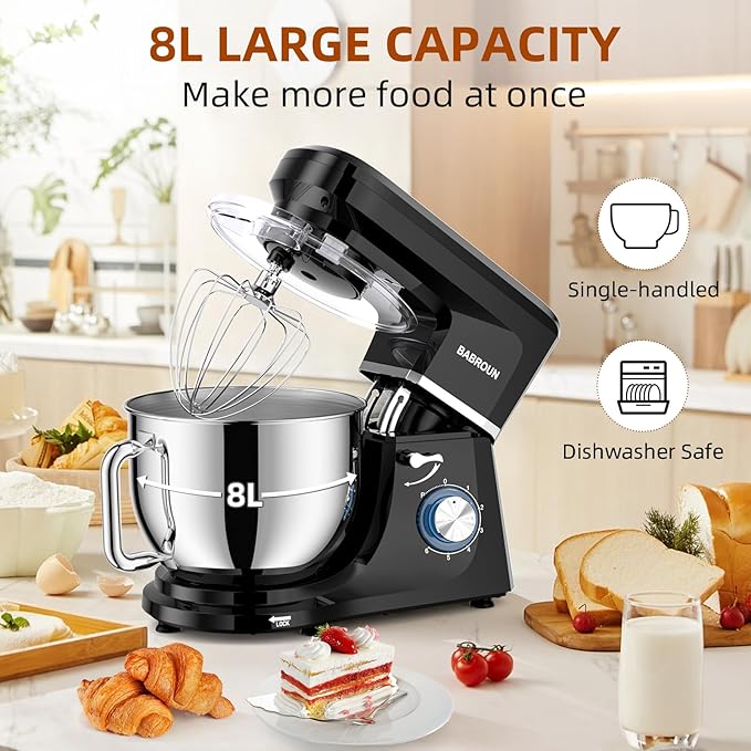 8.45 QT Stand Mixer - 660W 6 Speed Large Capacity Kitchen Electric Mixer with Whisk Dough Hook Mixing Beater Household Food Mixer for Baking Cakes Cookie Bread Salad (Black)