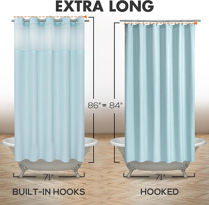 Extra Long No Hook Slub Textured Shower Curtain with Snap-in PEVA Liner Set - 71" x 86"(84"), Hotel Style with See Through Top Window, Blue Fabric Curtain & Waterproof Liner, Blue, 71x86